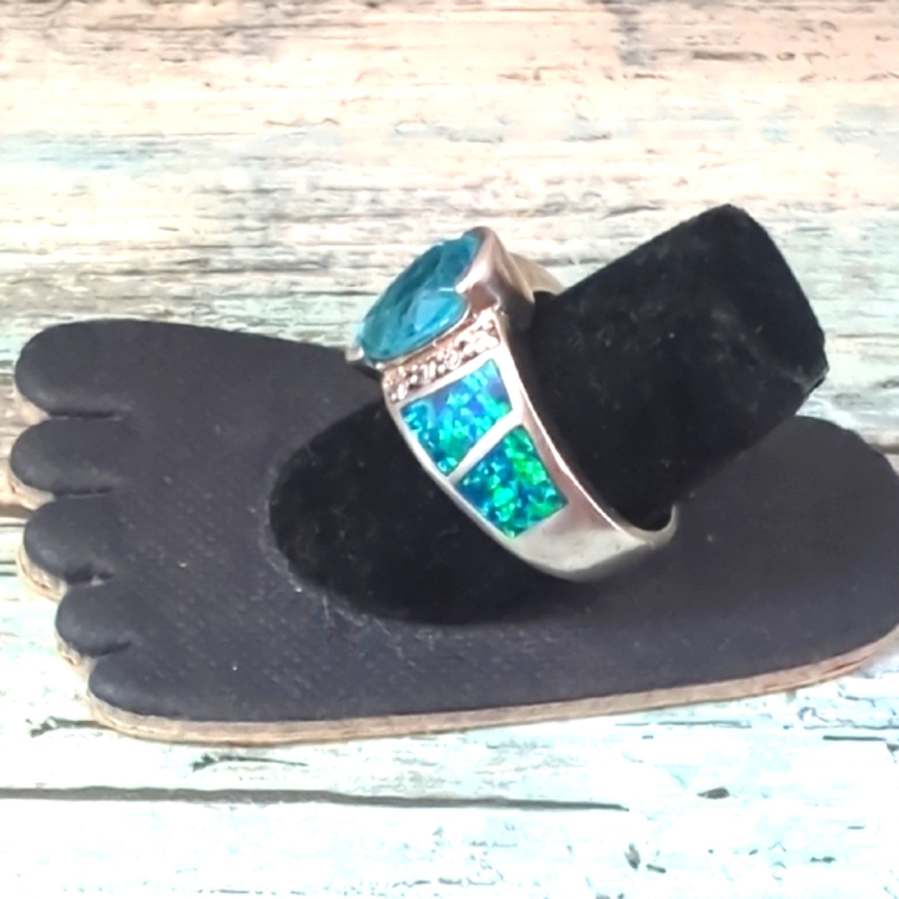 🦋Vintage Sterling Silver Pear-Cut Blue Topaz & Opal inlay - Picture 3 of 7